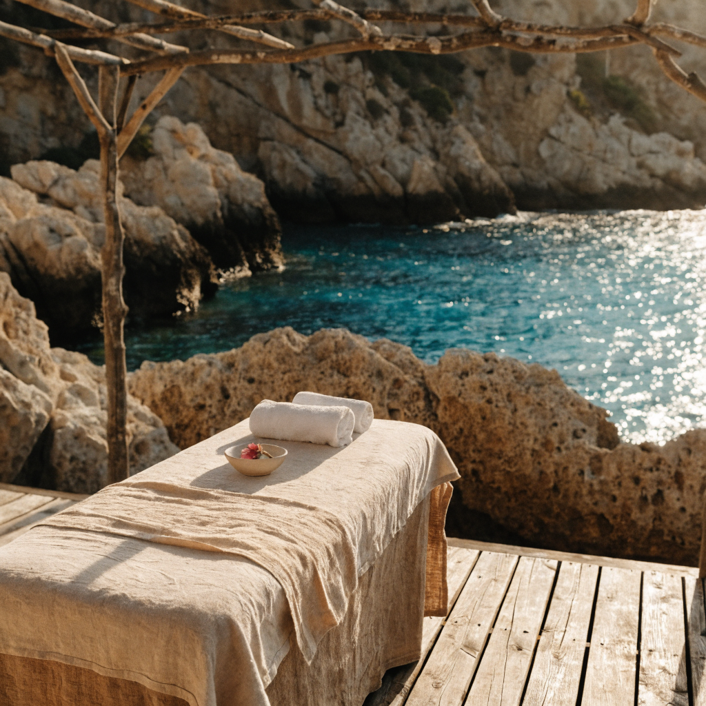 Linen-draped massage table on a wooden deck overlooking a turquoise Mallorca cove