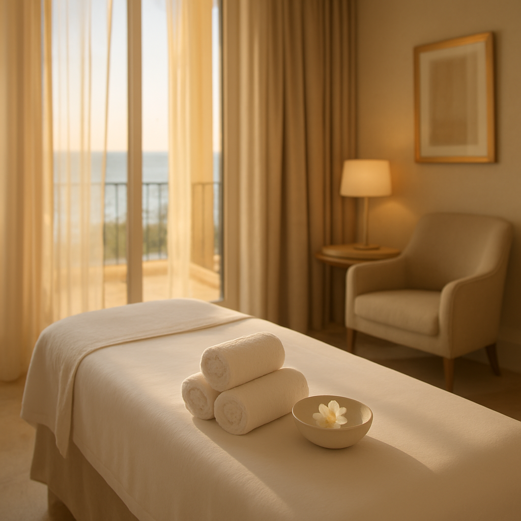 Massage table set up in an elegant luxury hotel suite with a sea view