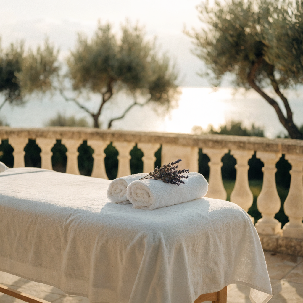 Massage table set up on a villa terrace overlooking the sea