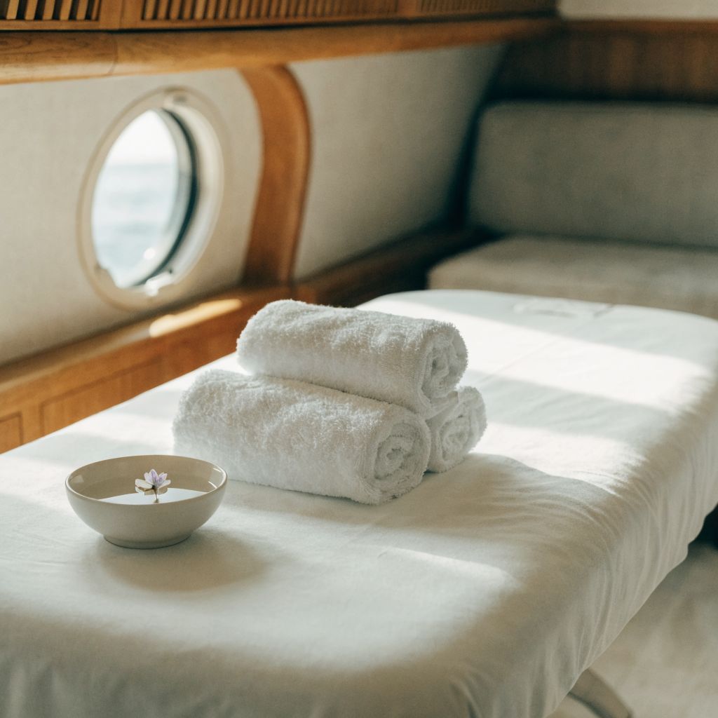 Massage table prepared inside a luxury yacht cabin